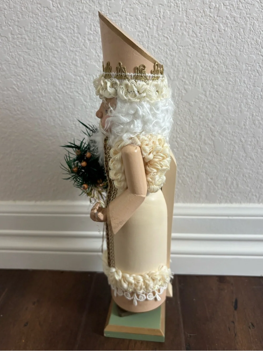 Vintage Wooden Santa Claus Nutcracker Figurine White Gold Elegant Holiday Decor